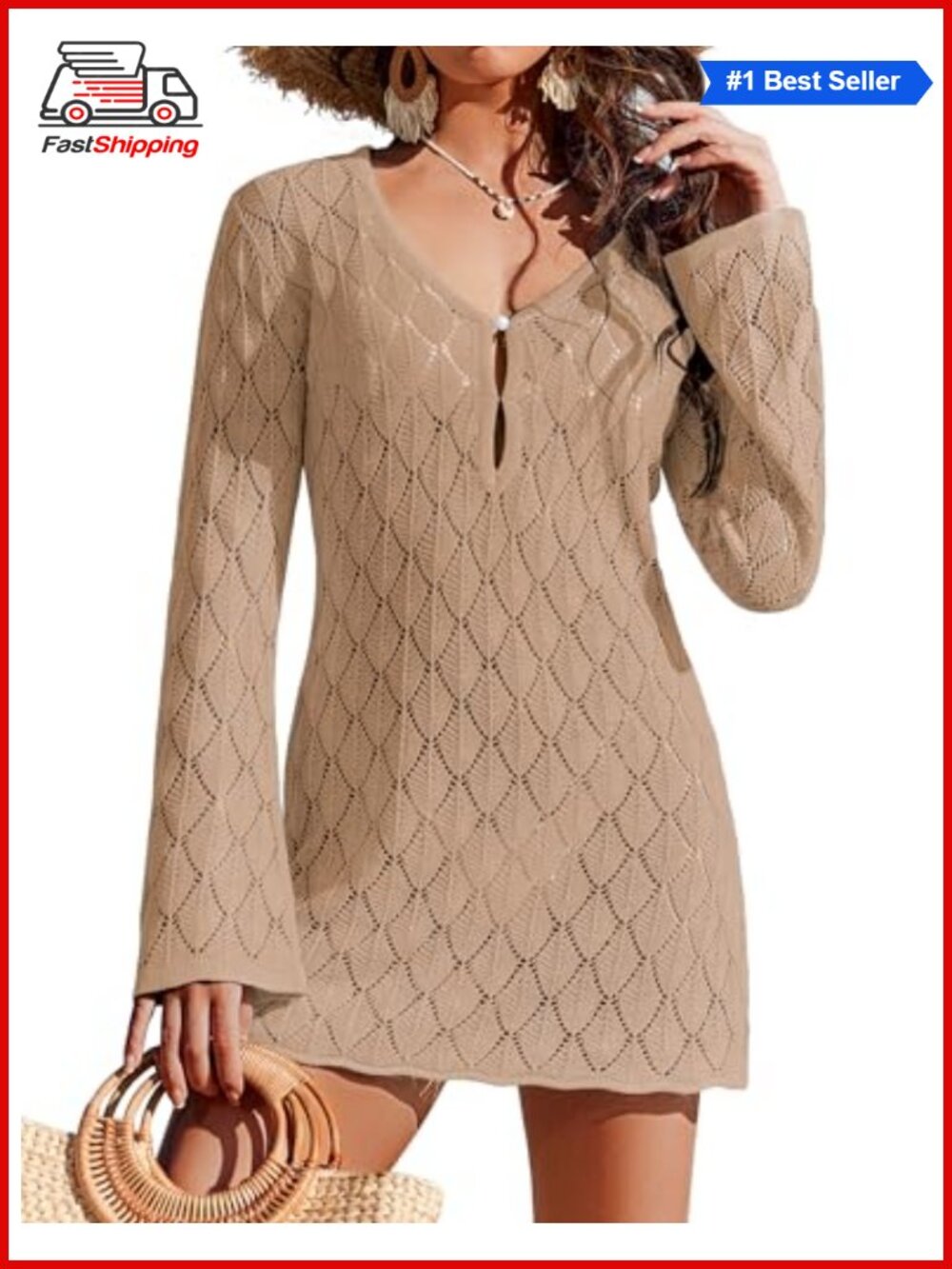 ✨ Ekouaer Crochet Swimsuit Cover Up Long Sleeve Beach Coverup